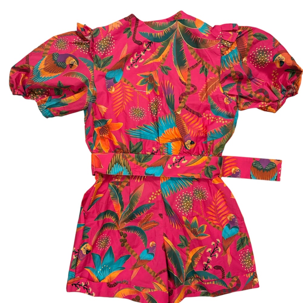FARM Rio Macaw Party Pink Belted Puff Sleeve Romper - Picture 4 of 12